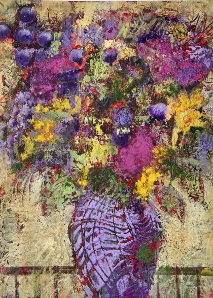 Het voltooide getextureerde acrylbloemenschilderij uit de cursus