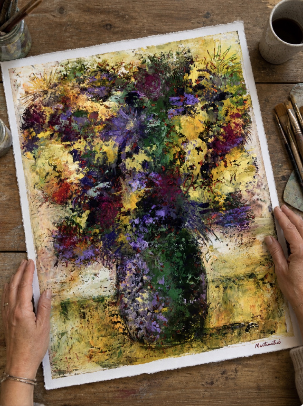 A finished textured flower painting in cold wax and oils