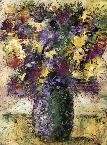 Le tableau final de fleurs abstraites au cold wax et à l’huile réalisé pendant le cours