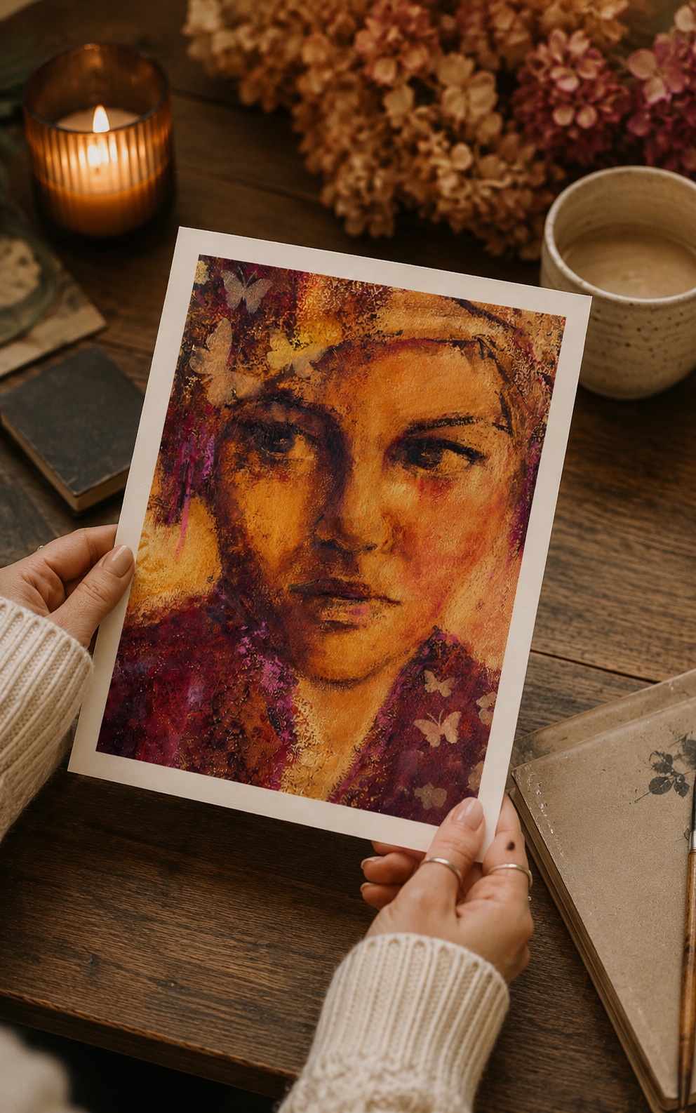 Marina holding a finished golden portrait