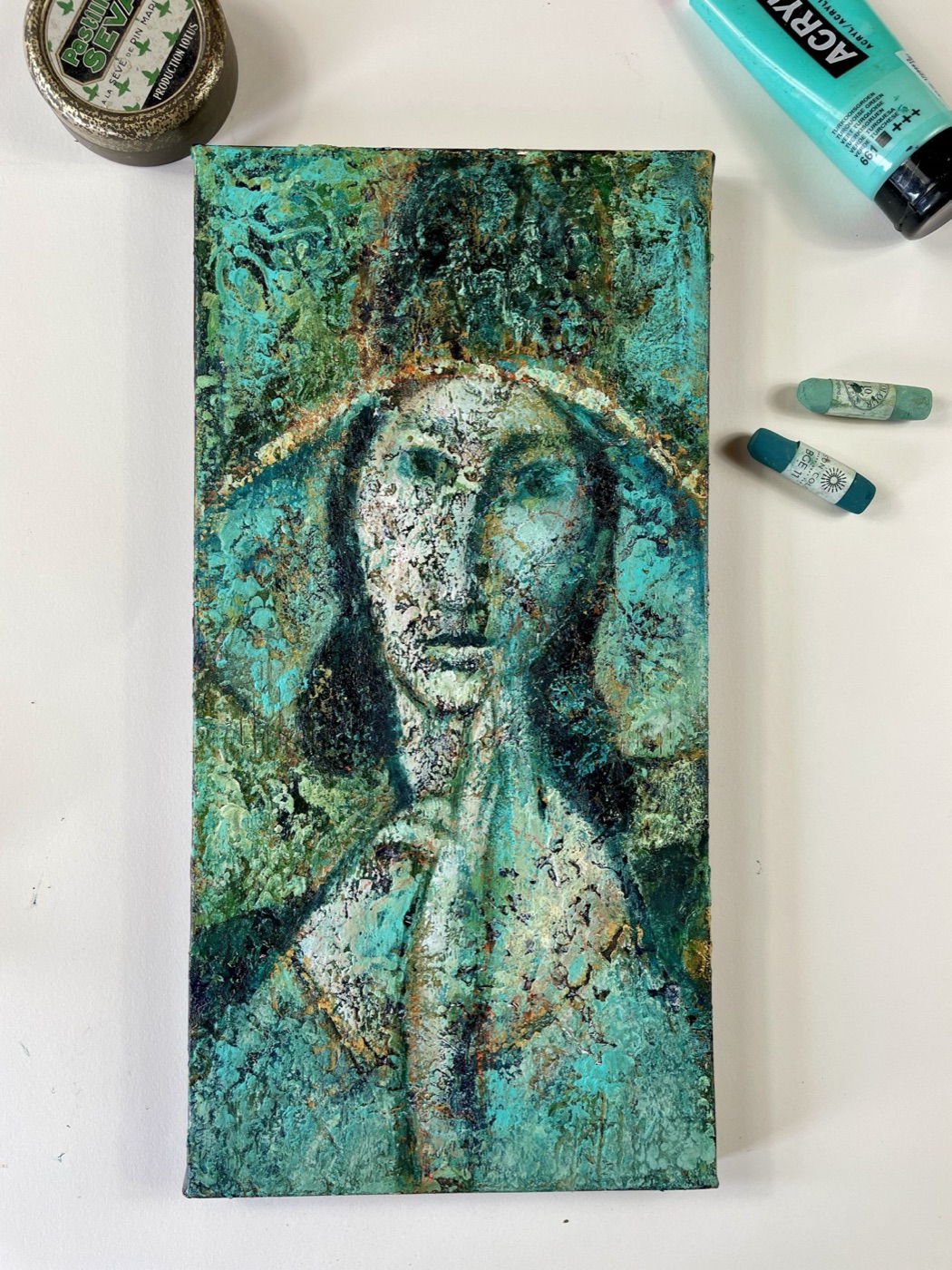 A finished textured Modigliani-inspired portrait