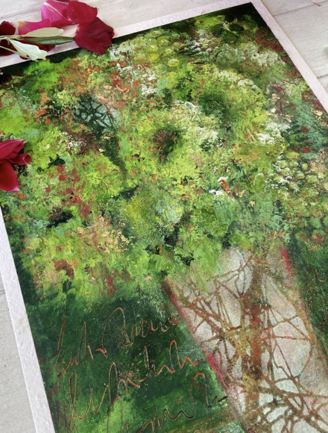 A textured floral acrylic painting from the class