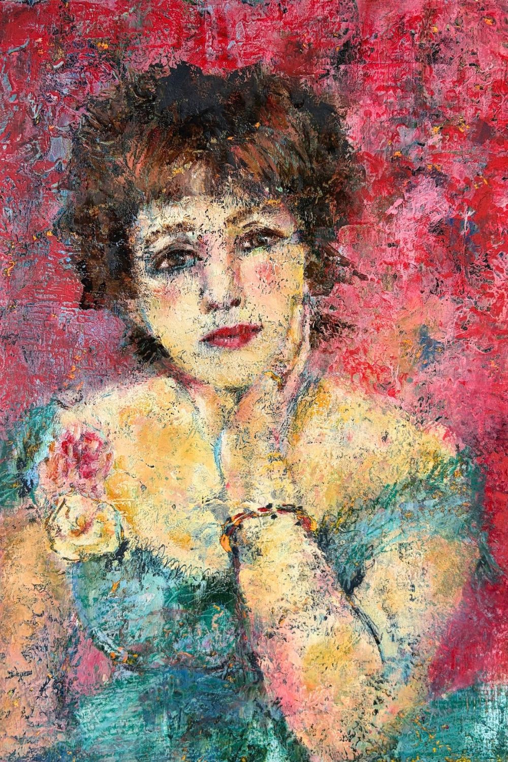 Marina's interpretatie met structuur van Renoirs Jeanne Samary, in roze, goud en turquoise